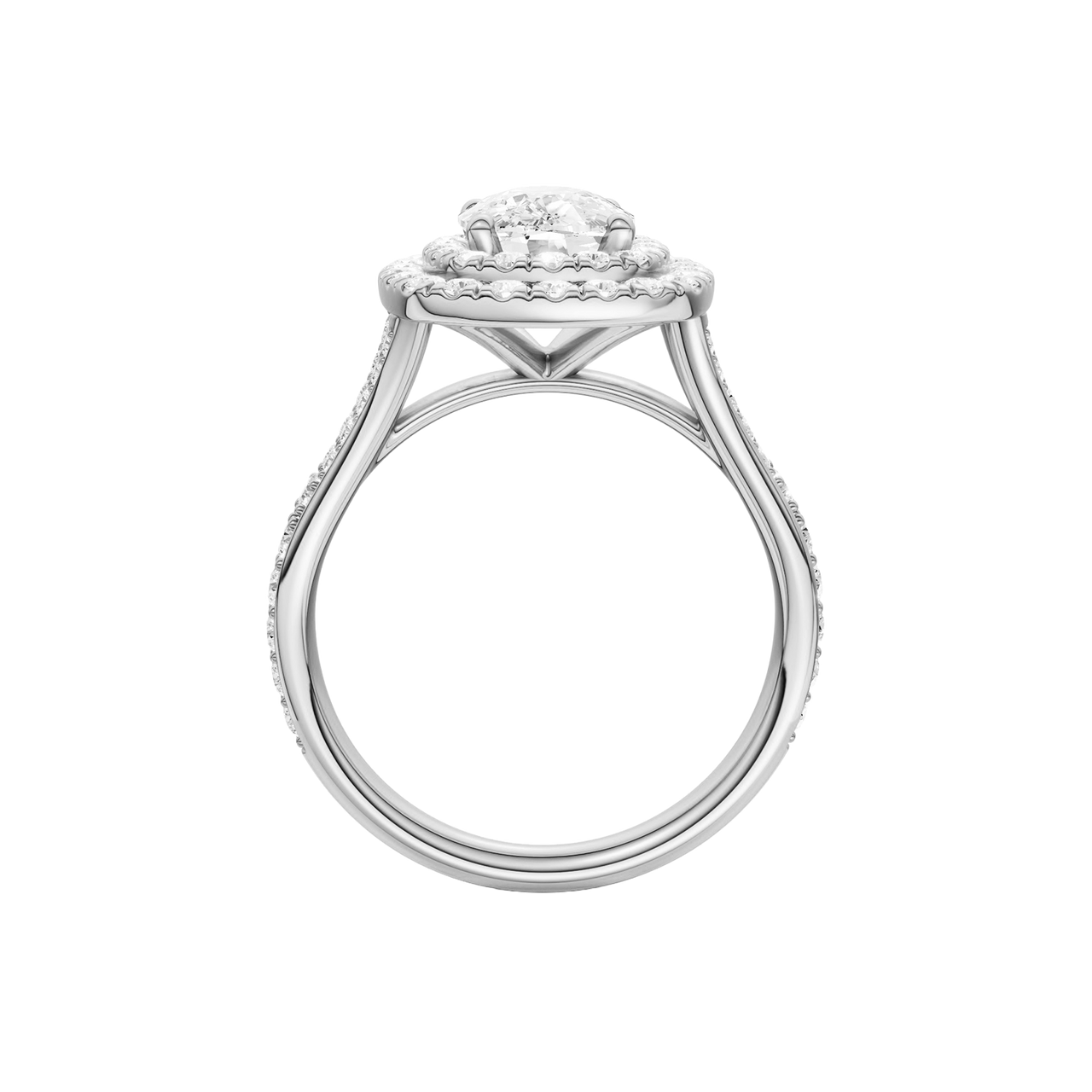 A profile view of the Elongated Cushion cut diamond engagement ring in platinum with a channel band and double halo setting