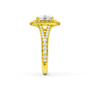 A side view of the Elongated Cushion cut diamond engagement ring in 14k yellow gold  with a channel band and double halo setting