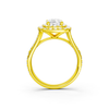 A profile view of the Elongated Cushion cut diamond engagement ring in 14k yellow gold  with a channel band and double halo setting