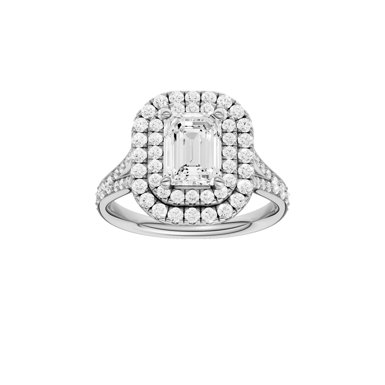 A front view of the Emerald cut diamond engagement ring in 14k white gold with a channel band and double halo setting