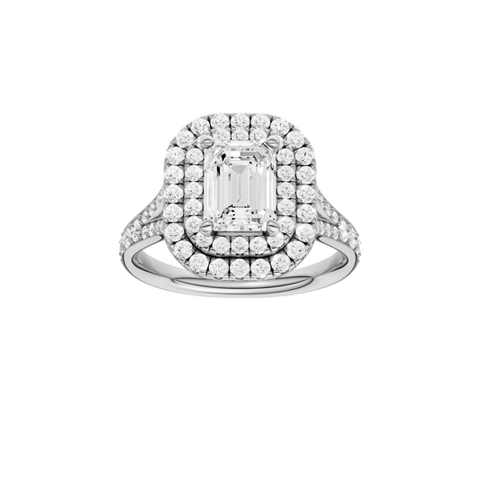 A front view of the Emerald cut diamond engagement ring in 14k white gold with a channel band and double halo setting
