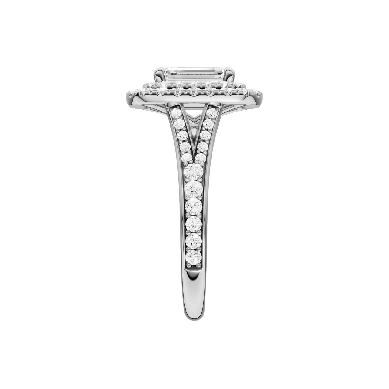 A side view of the Emerald cut diamond engagement ring in platinum with a channel band and double halo setting