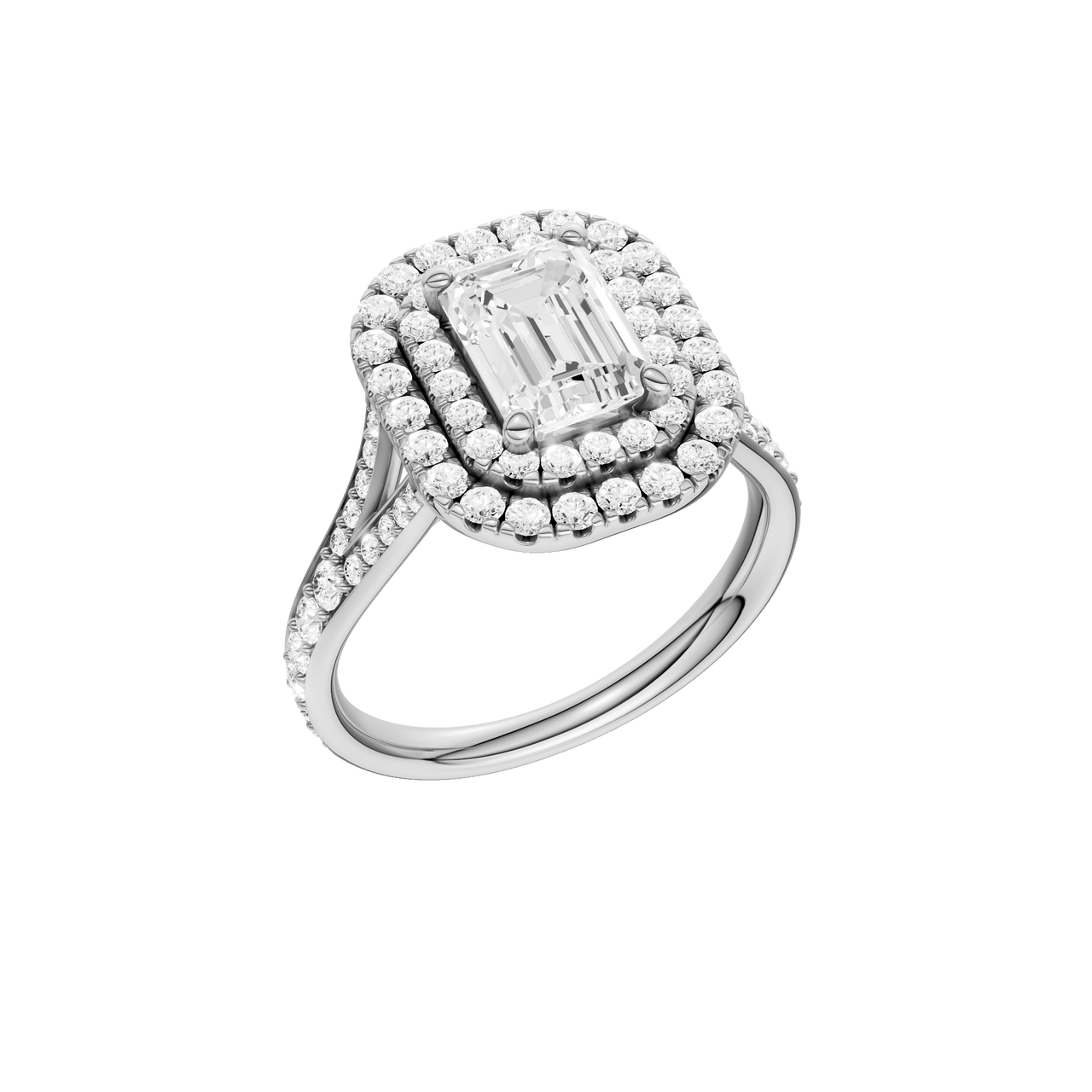 A three-quarter view of the Emerald cut diamond engagement ring in platinum with a channel band and double halo setting