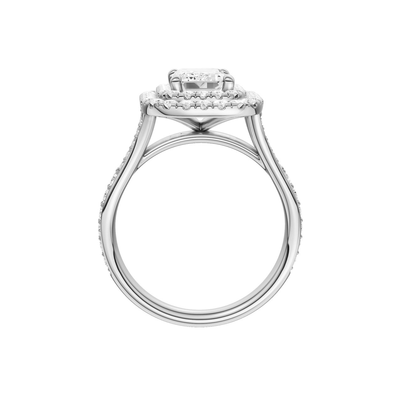 A profile view of the Emerald cut diamond engagement ring in platinum with a channel band and double halo setting