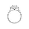 A profile view of the Emerald cut diamond engagement ring in 14k white gold with a channel band and double halo setting