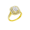 A three-quarter view of the Emerald cut diamond engagement ring in 14k yellow gold with a channel band and double halo setting