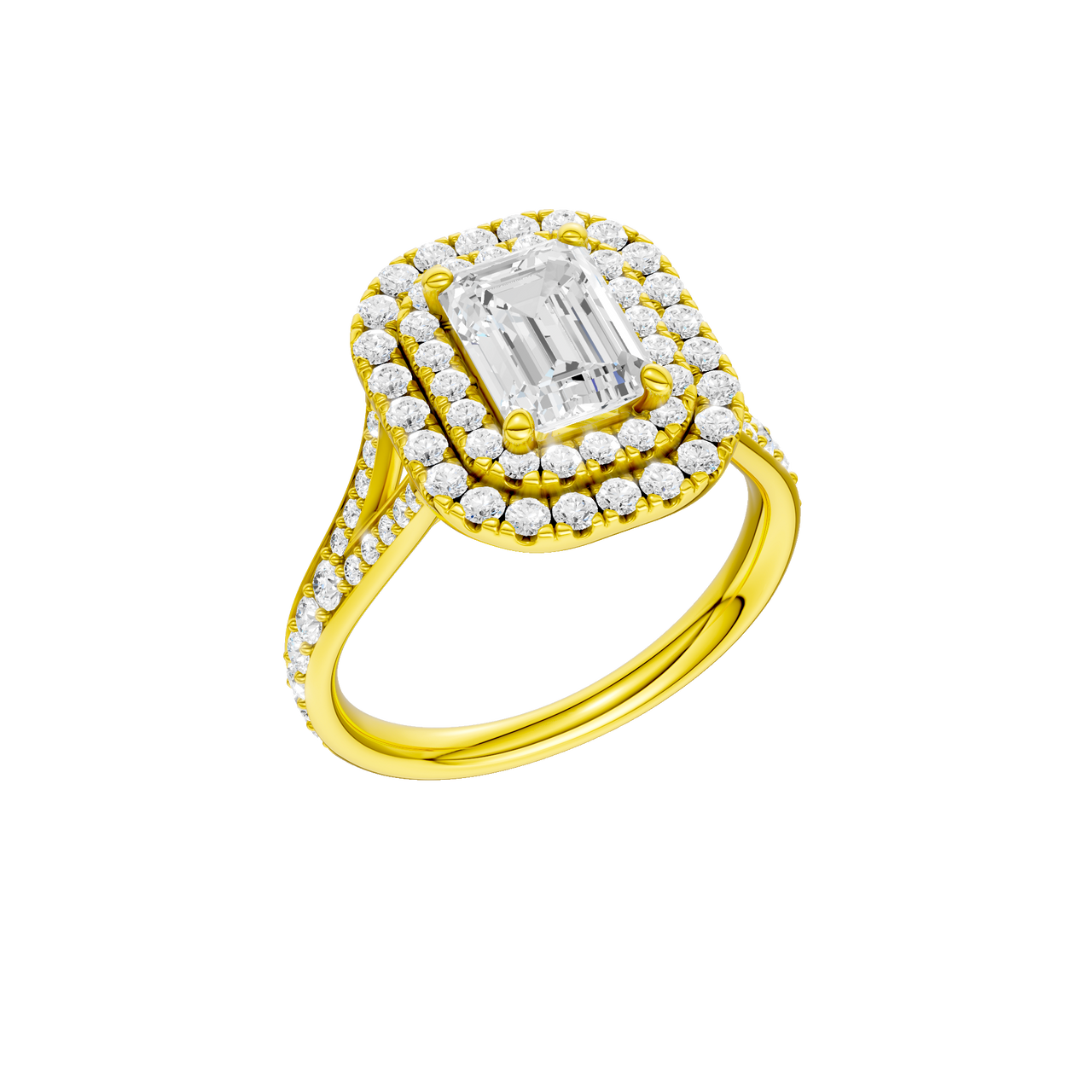 A three-quarter view of the Emerald cut diamond engagement ring in 14k yellow gold with a channel band and double halo setting