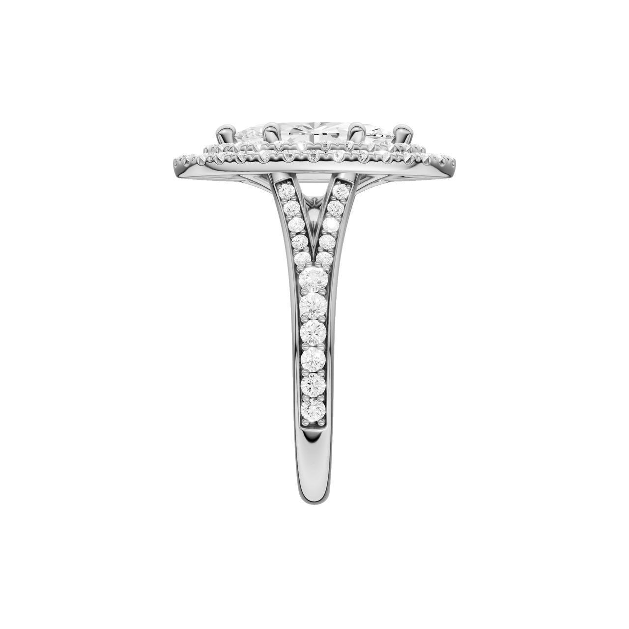 A side view of the Marquise cut diamond engagement ring in 14k white gold with a diamond channel band and split setting