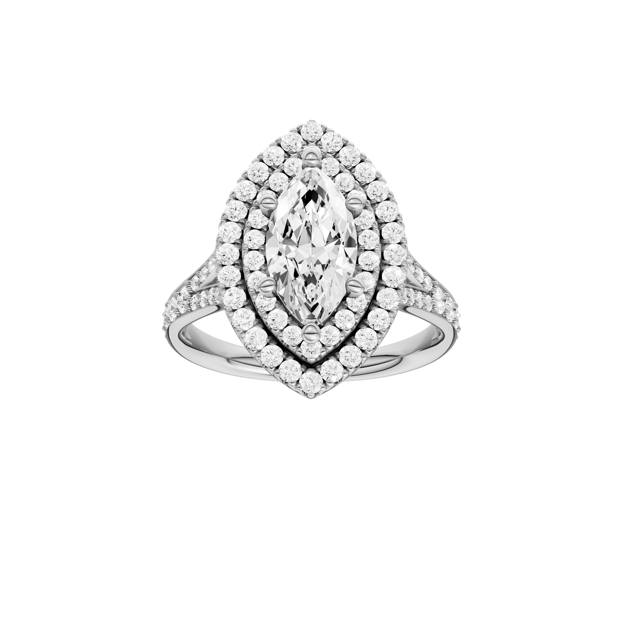 A front view of the Marquise cut diamond engagement ring in 14k white gold with a diamond channel band and split setting