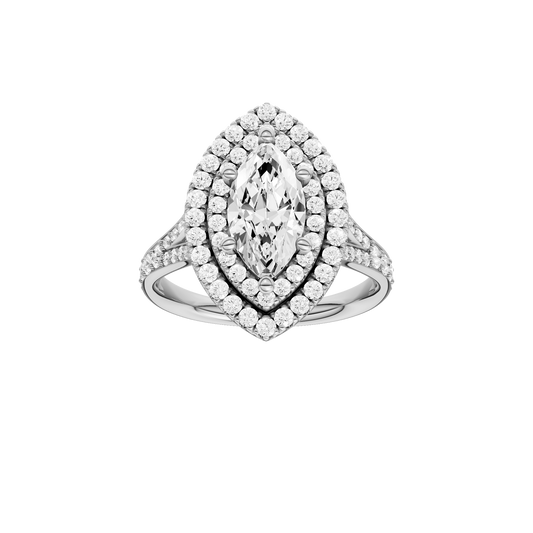 A front view of the Marquise cut diamond engagement ring in 14k white gold with a diamond channel band and split setting