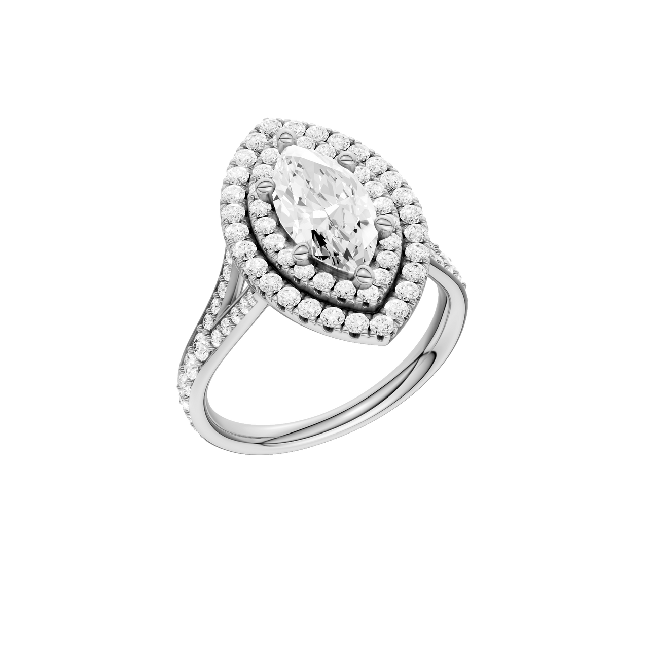 A  three-quarter view of the Marquise cut diamond engagement ring in platinum with a diamond channel band and split setting