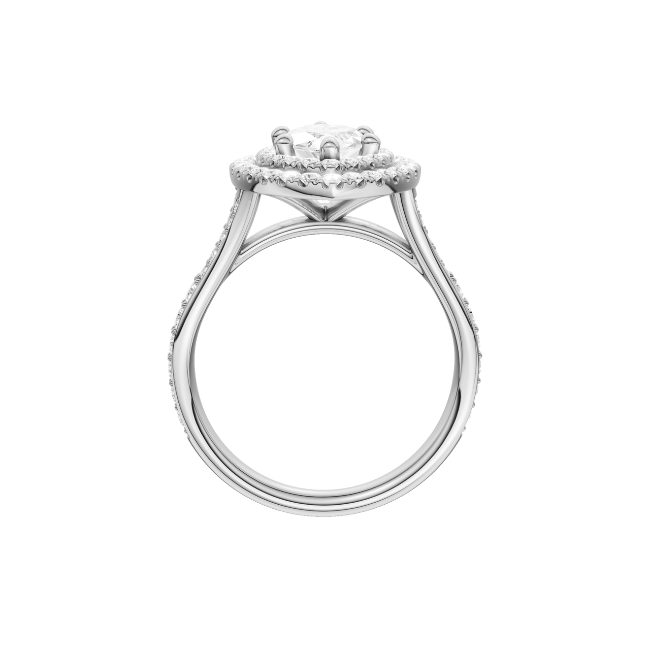 A profile view of the Marquise cut diamond engagement ring in platinum with a diamond channel band and split setting