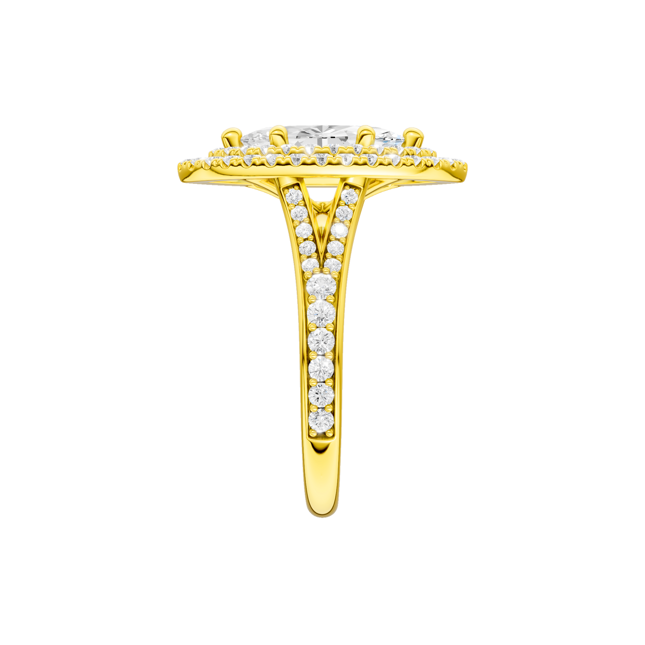 A side view of the Marquise cut diamond engagement ring in 14k yellow gold with a diamond channel band and split setting