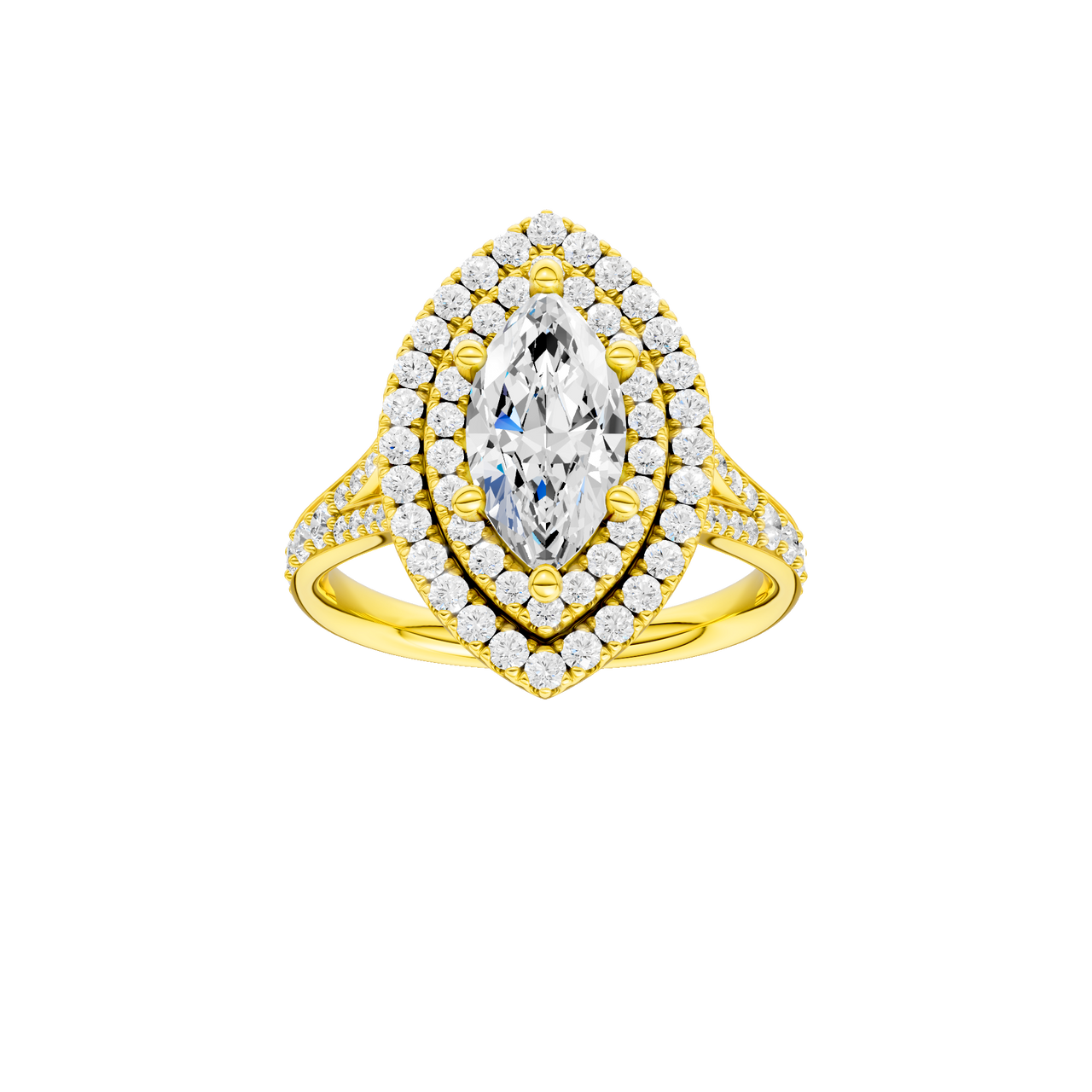 A front view of the Marquise cut diamond engagement ring in 14k yellow gold with a diamond channel band and split setting
