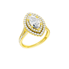 A  three-quarter view of the Marquise cut diamond engagement ring in 14k yellow gold with a diamond channel band and split setting