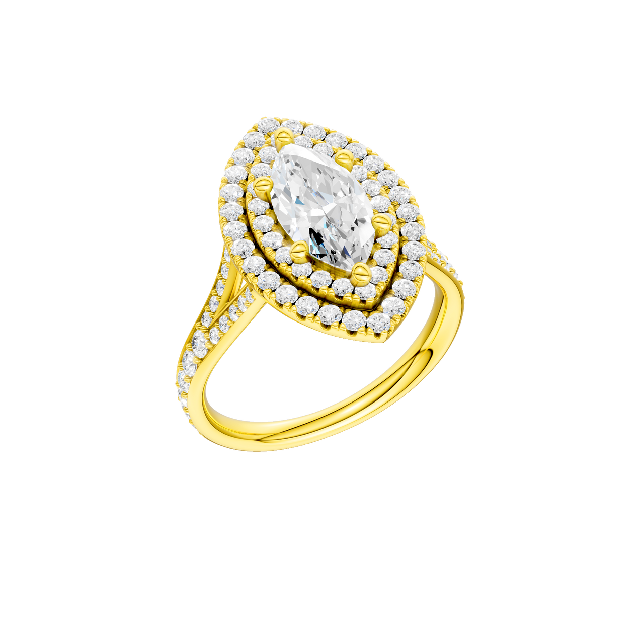 A  three-quarter view of the Marquise cut diamond engagement ring in 14k yellow gold with a diamond channel band and split setting