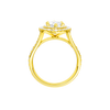 A profile view of the Marquise cut diamond engagement ring in 14k yellow gold with a diamond channel band and split setting
