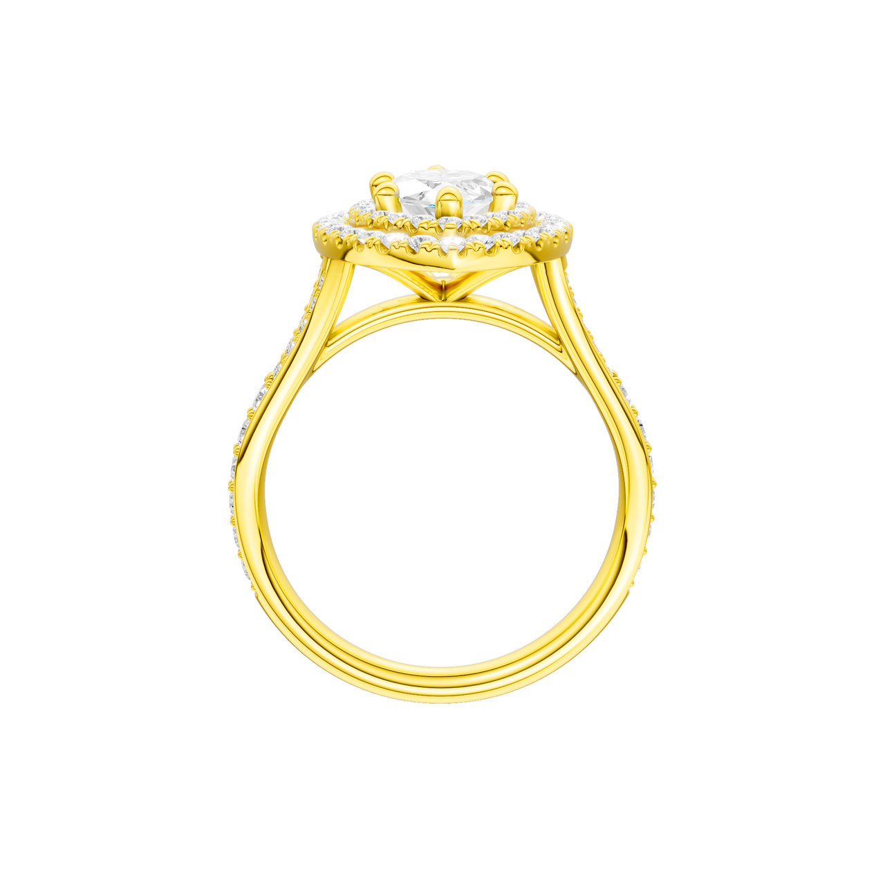A profile view of the Marquise cut diamond engagement ring in 14k yellow gold with a diamond channel band and split setting