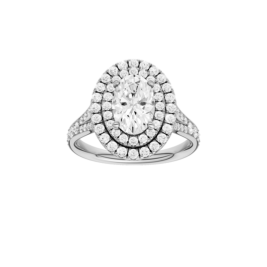 A front view of the Oval cut diamond engagement ring in 14k white gold with a channel band and double halo setting