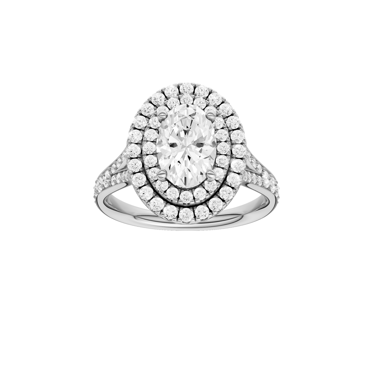 A front view of the Oval cut diamond engagement ring in platinum with a channel band and double halo setting