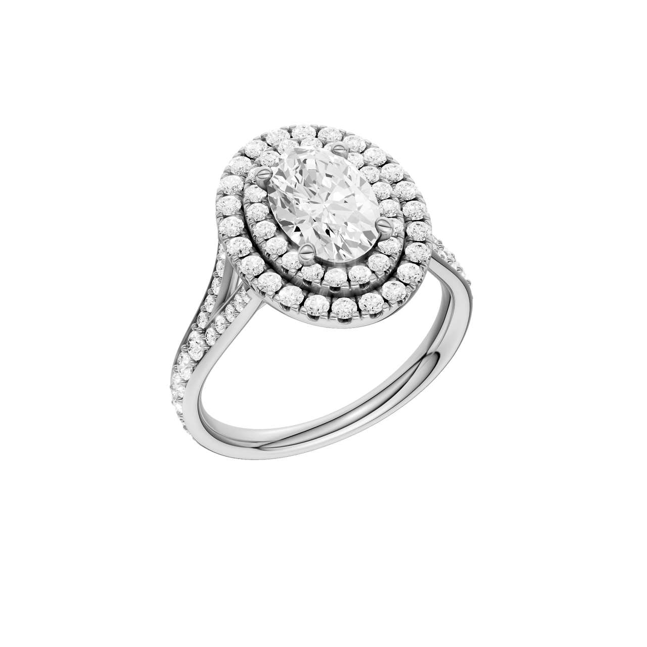 A three-quarter view of the Oval cut diamond engagement ring in platinum with a channel band and double halo setting