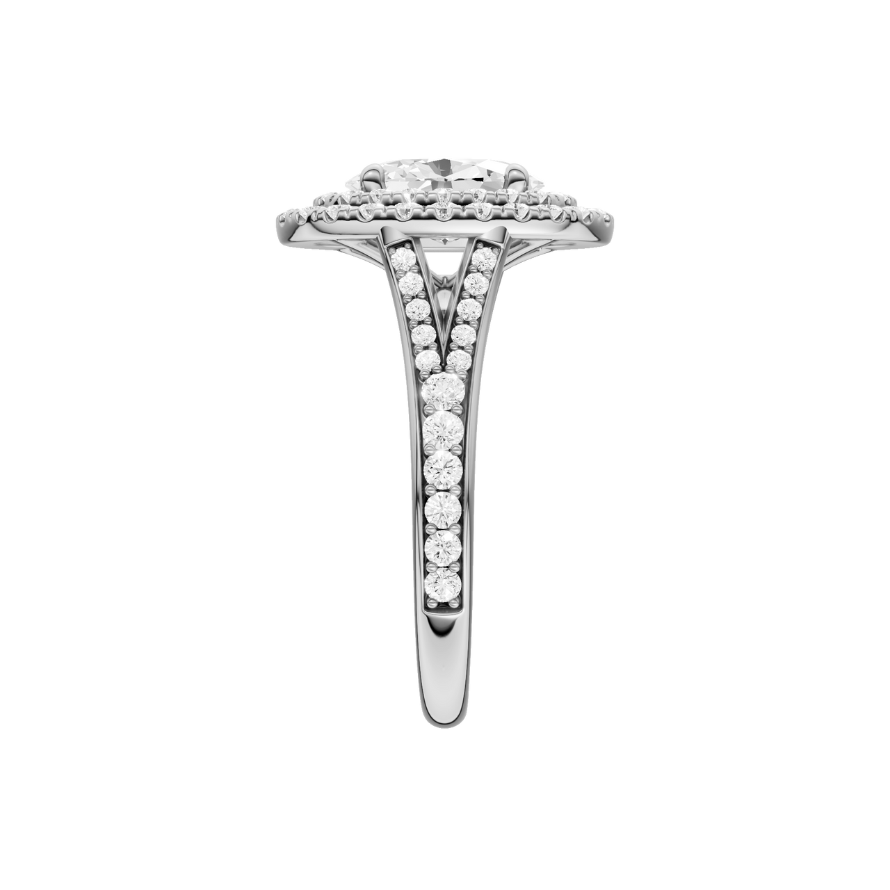 A side view of the Oval cut diamond engagement ring in 14k white gold with a channel band and double halo setting