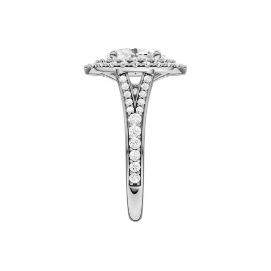 A side view of the Oval cut diamond engagement ring in 14k white gold with a channel band and double halo setting