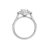 A profile view of the Oval cut diamond engagement ring in 14k white gold with a channel band and double halo setting