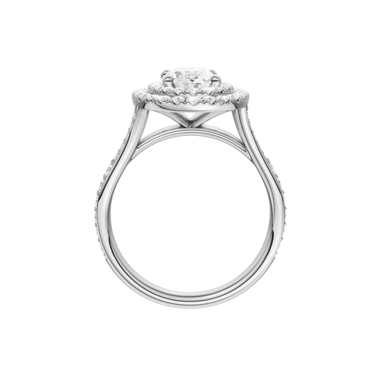 A profile view of the Oval cut diamond engagement ring in platinum with a channel band and double halo setting