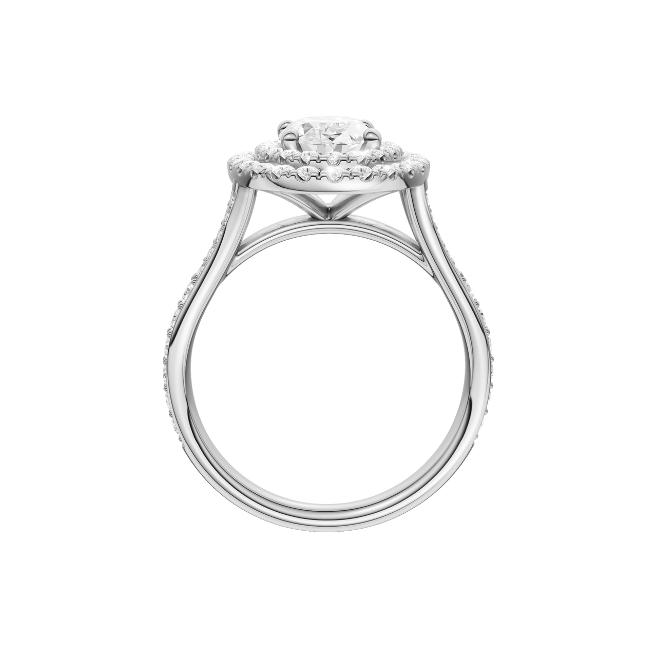 A profile view of the Oval cut diamond engagement ring in platinum with a channel band and double halo setting