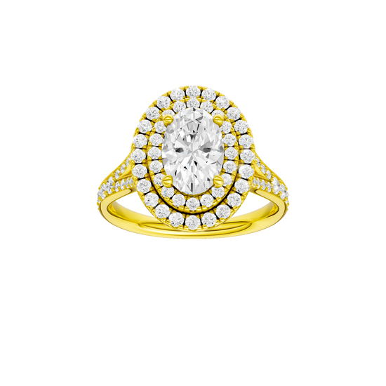 A front view of the Oval cut diamond engagement ring in 14k yellow gold with a channel band and double halo setting