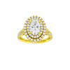 A front view of the Oval cut diamond engagement ring in 14k yellow gold with a channel band and double halo setting