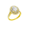A three-quarter view of the Oval cut diamond engagement ring in 14k yellow gold with a channel band and double halo setting