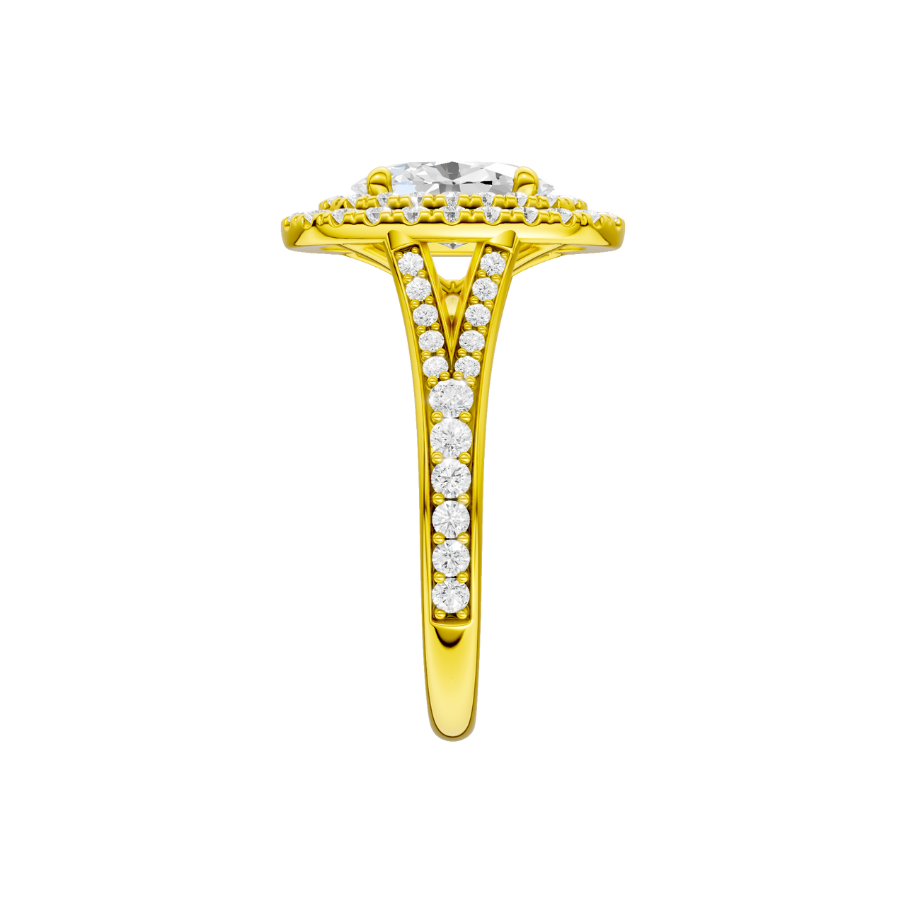 A side view of the Oval cut diamond engagement ring in 14k yellow gold with a channel band and double halo setting