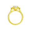 A profile view of the Oval cut diamond engagement ring in 14k yellow gold with a channel band and double halo setting