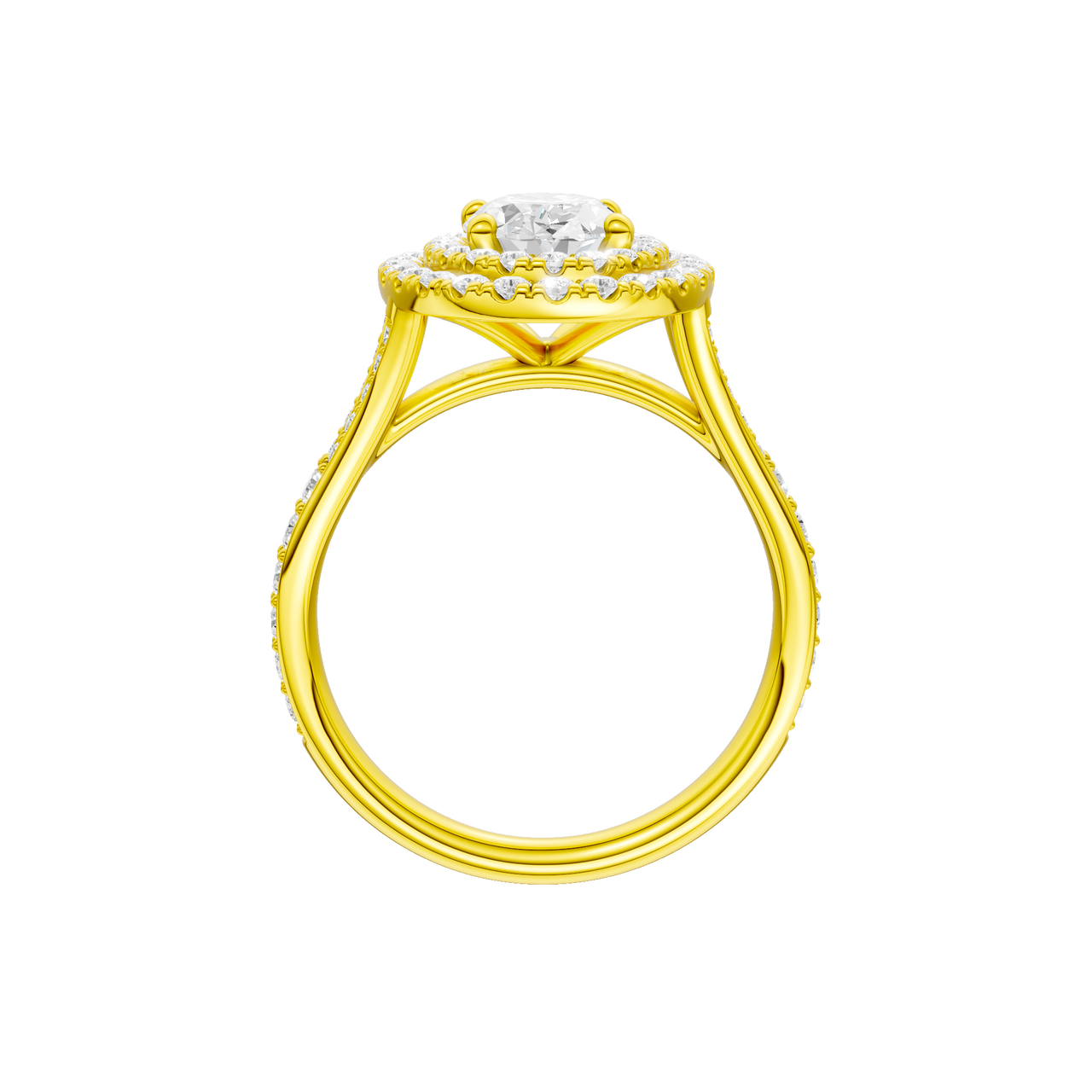 A profile view of the Oval cut diamond engagement ring in 14k yellow gold with a channel band and double halo setting