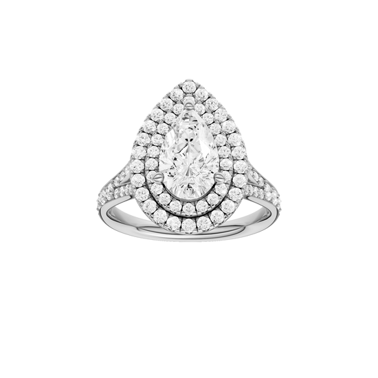 A front view of the Pear cut diamond engagement ring in 14k white gold with a channel band and double halo setting