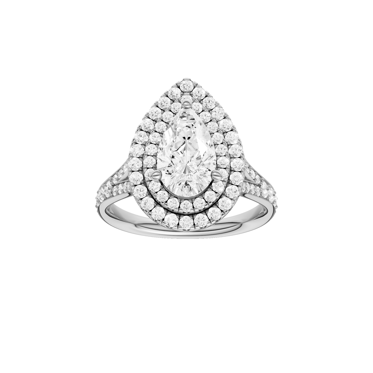 A front view of the Pear cut diamond engagement ring in 14k white gold with a channel band and double halo setting
