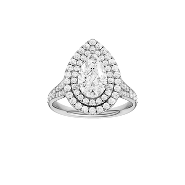 A front view of the Pear cut diamond engagement ring in 14k white gold with a channel band and double halo setting