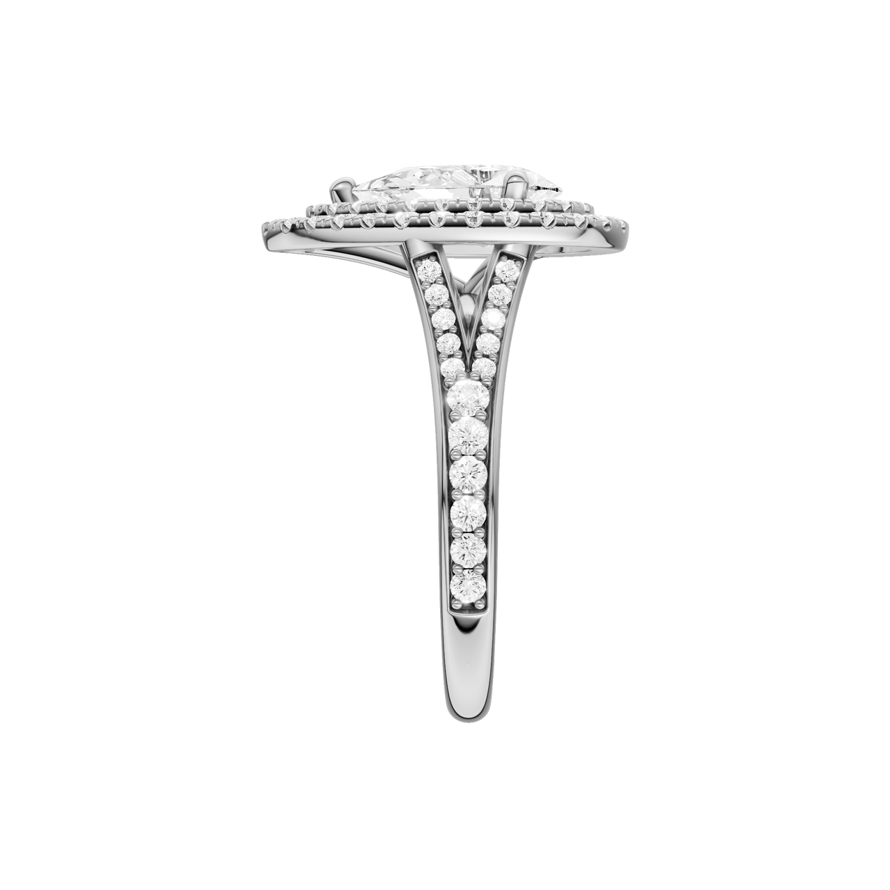 A side view of the Pear cut diamond engagement ring in 14k white gold with a channel band and double halo setting