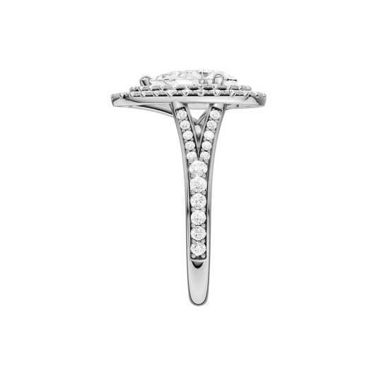 A side view of the Pear cut diamond engagement ring in 14k white gold with a channel band and double halo setting