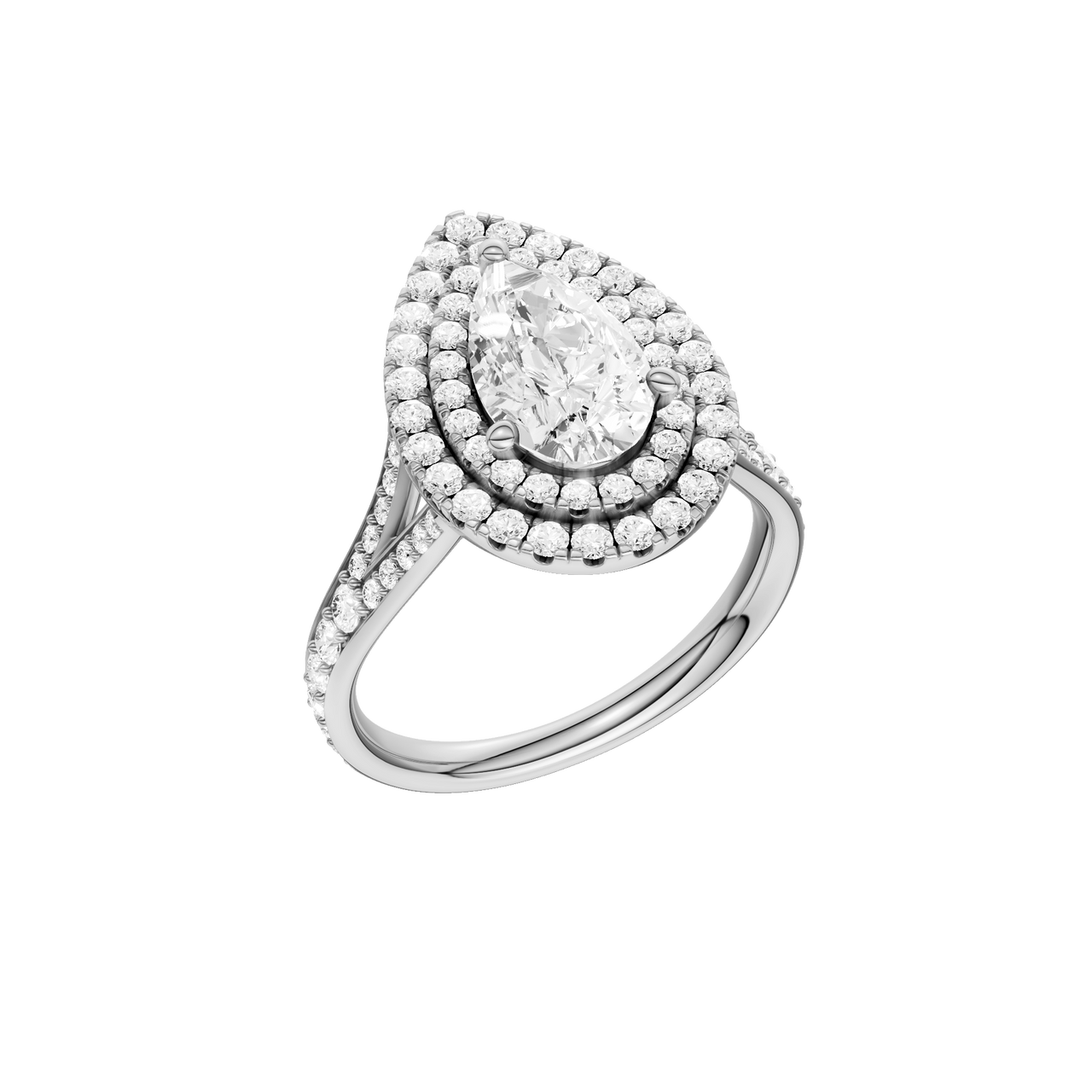 A three-quarter view of the Pear cut diamond engagement ring in 14k white gold with a channel band and double halo setting
