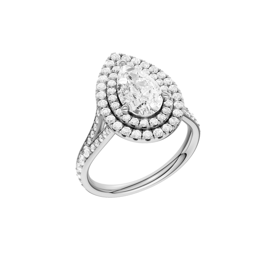 A three-quarter view of the Pear cut diamond engagement ring in platinum with a channel band and double halo setting