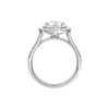 A profile view of the Pear cut diamond engagement ring in platinum with a channel band and double halo setting