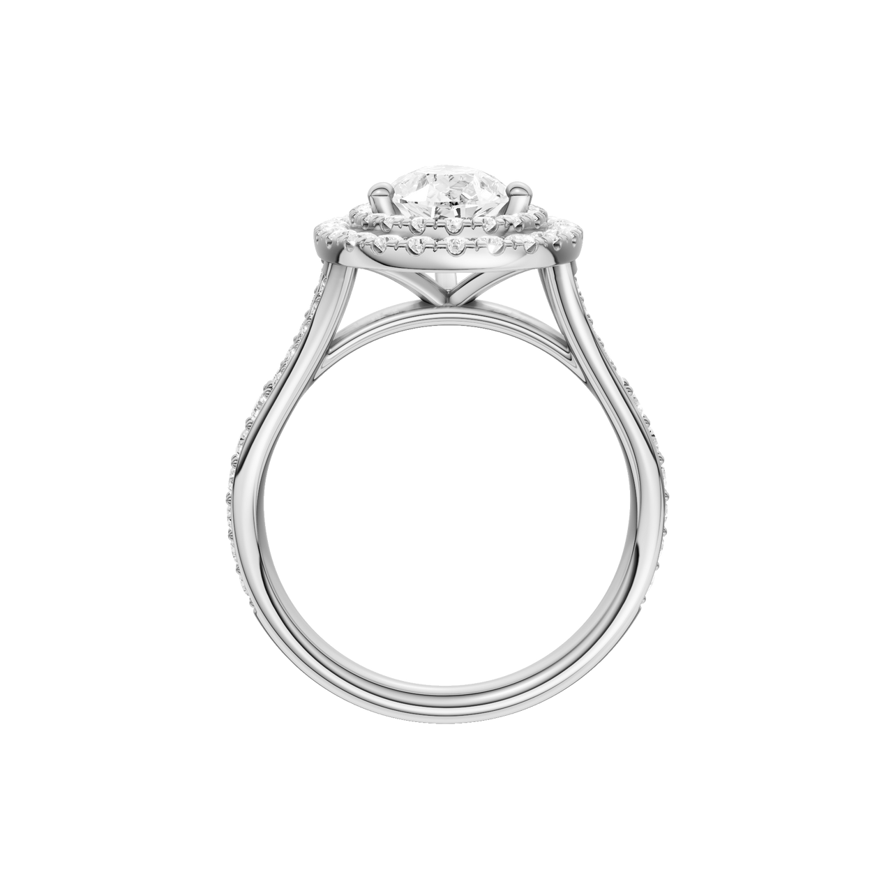 A profile view of the Pear cut diamond engagement ring in platinum with a channel band and double halo setting