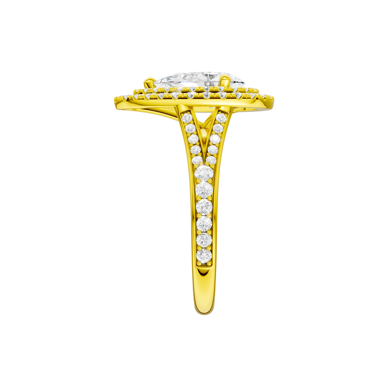 A side view of the Pear cut diamond engagement ring in 14k yellow gold with a channel band and double halo setting
