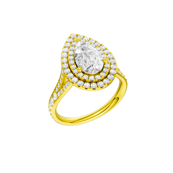 A three-quarter view of the Pear cut diamond engagement ring in 14k yellow gold with a channel band and double halo setting