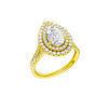 A three-quarter view of the Pear cut diamond engagement ring in 14k yellow gold with a channel band and double halo setting