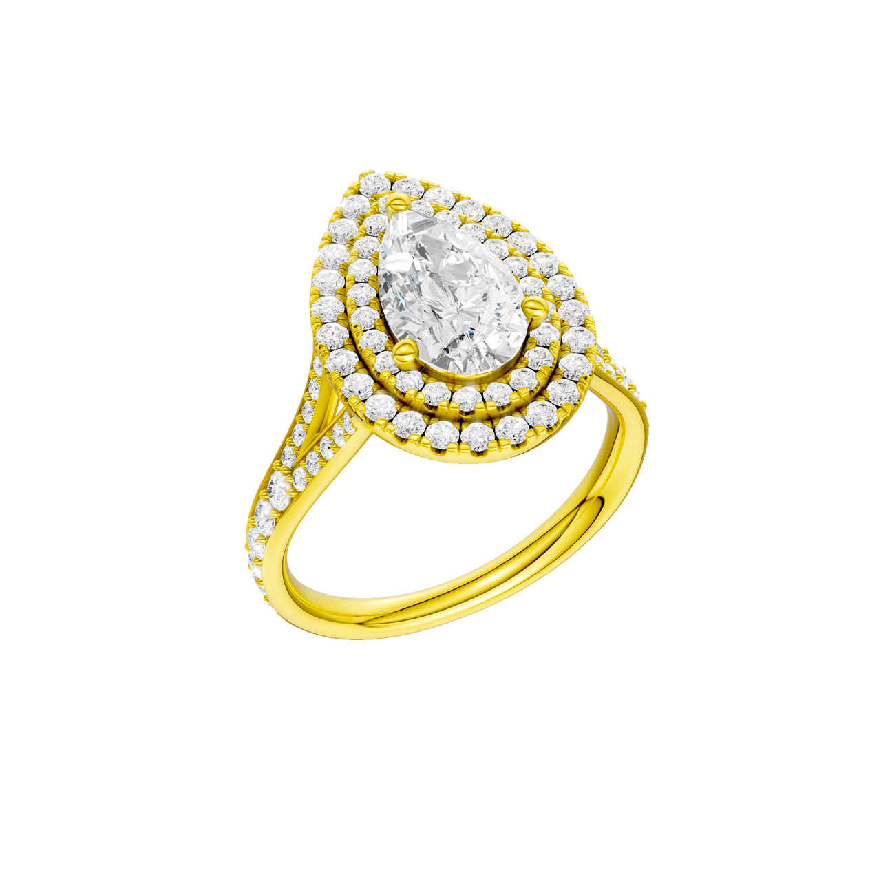 A three-quarter view of the Pear cut diamond engagement ring in 14k yellow gold with a channel band and double halo setting
