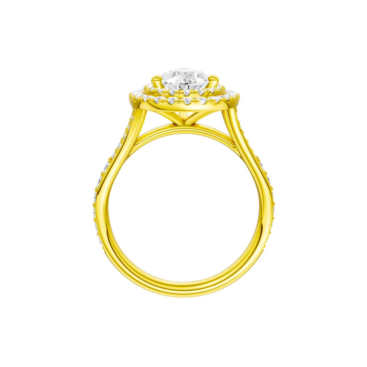 A profile view of the Pear cut diamond engagement ring in 14k yellow gold with a channel band and double halo setting